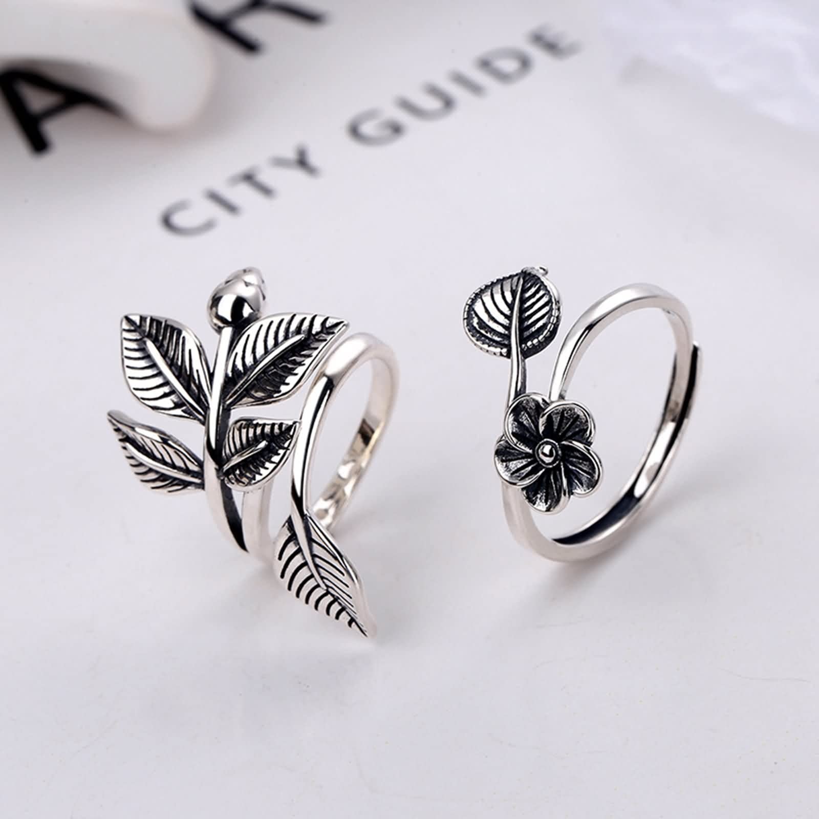 Anelli regolabili a foglia, anelli di fiori per donna in argento Sterling regolabile gioielli alla moda per lei, Adjustable, Argento sterling, Nessuna pietra preziosa