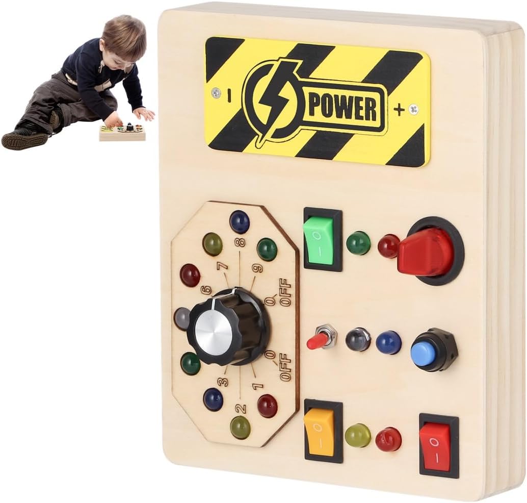 Wooden Educational Busy Board with LED Light Switches, Sensory Board Toy, Travel Light Up Toy, Learning Fidget Toy for Hand Eye Coordination and Color Recognition