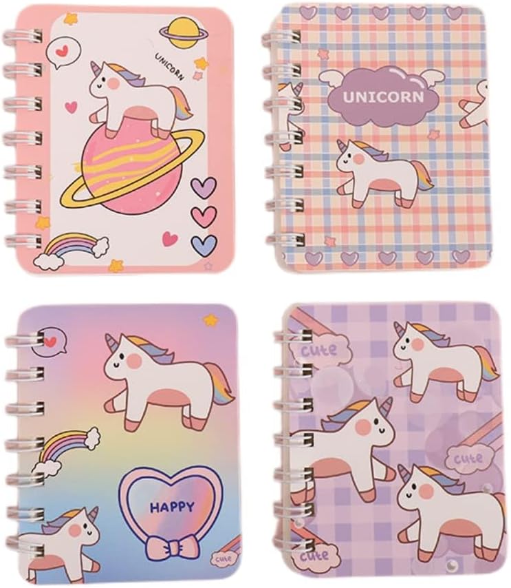 4PCS Cute Unicorn Bus Notebook, Wirebound Small Mini Pocket Journal Diary for Girls Boys Kids Gift Spiral bound A7 Lined Notebook Writing Drawing Notepad