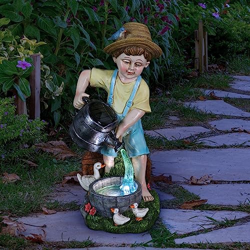 Exhart Garden Sculpture, Solar Boy Garden Statue With Watering Can, Led Water, Outdoor Lawn And Yard Decoration, 6 X 6 X 12.5 Inch #TOP1