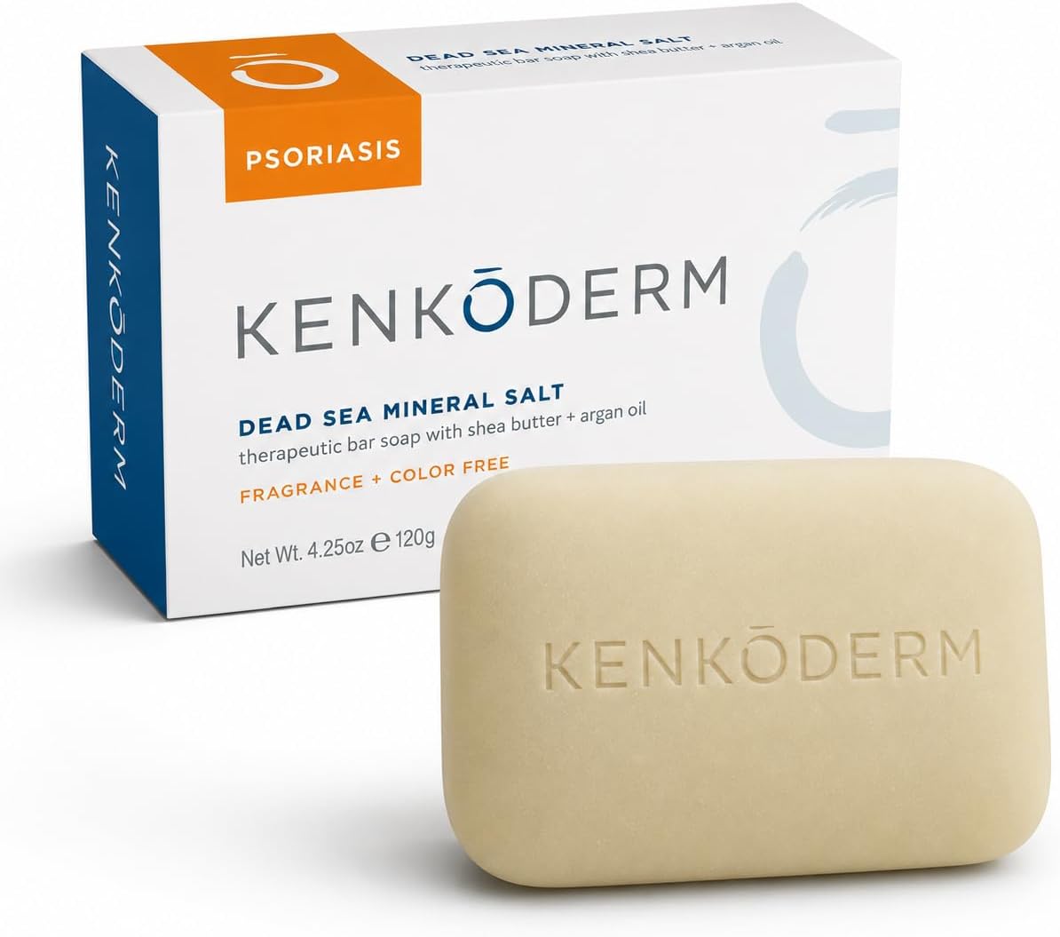 Kenkoderm Psoriasis Dead Sea Mineral Salt Soap with Argan Oil & Salicylic Acid, Natural Exfoliating Body & Face Cleanser for Sensitive Skin, Color & Fragrance Free, 4.25 Ounce, 1 Bar