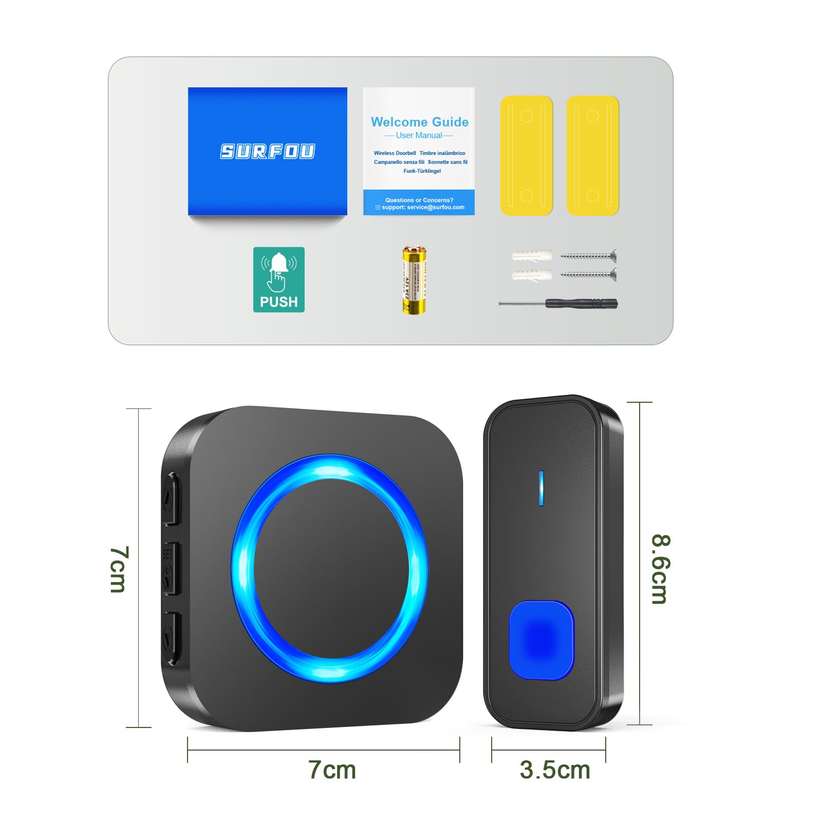 SURFOU Bezprzewodowy dzwonek do drzwi z odbiornikiem plug-in, zasięg 400 m, wodoszczelny, 55 dźwięków dzwonków, 5 głośności, migające diody LED, czarny