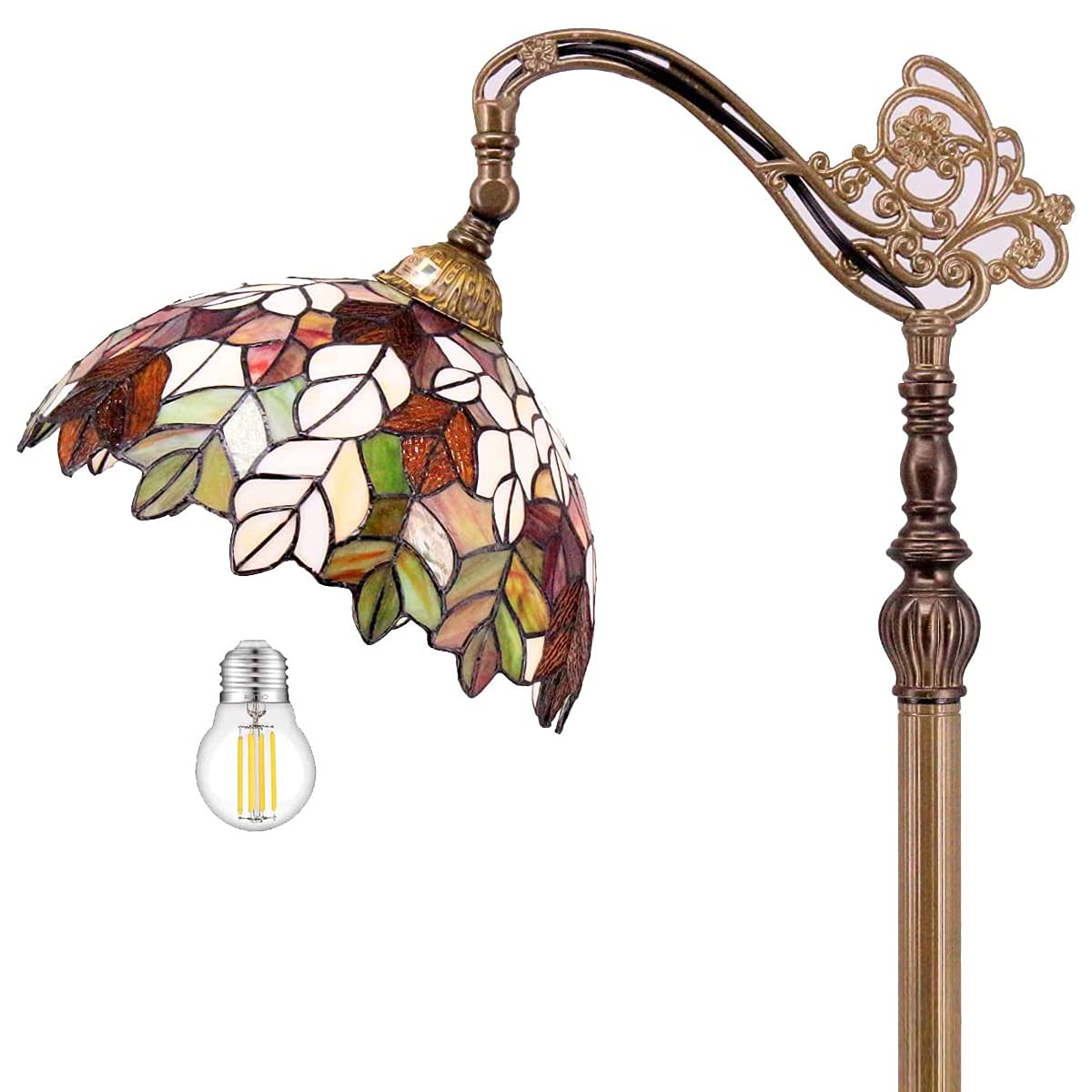 Tiffany Floor Lamp 64"Tall Industrial Pole Vintage Boho Stained Glass Maple Leaf Arc Standing Corner