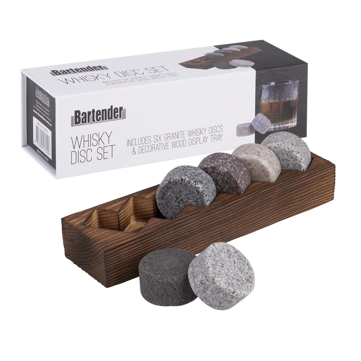 BARTENDER Set 6 dischi da whisky con base in legno