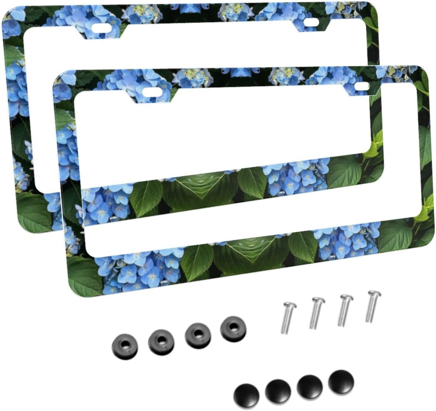 Blue Hydrangeas Flowers Matte Aluminum License Plate Frame with Black Screw Caps，2pcs 2 Holes Black Licenses Plates Frames,Car Licenses Plate Covers Holders for Us Vehicles/Women/Men