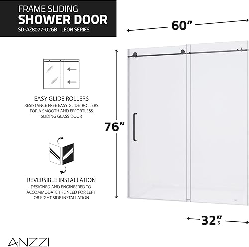 Miniatura 8 de ANZZI Puerta de ducha sin marco de 76 x 60 pulgadas, negro mate, kit de ducha completo Madam, panel de vidrio deslizante repelente al agua + piezas