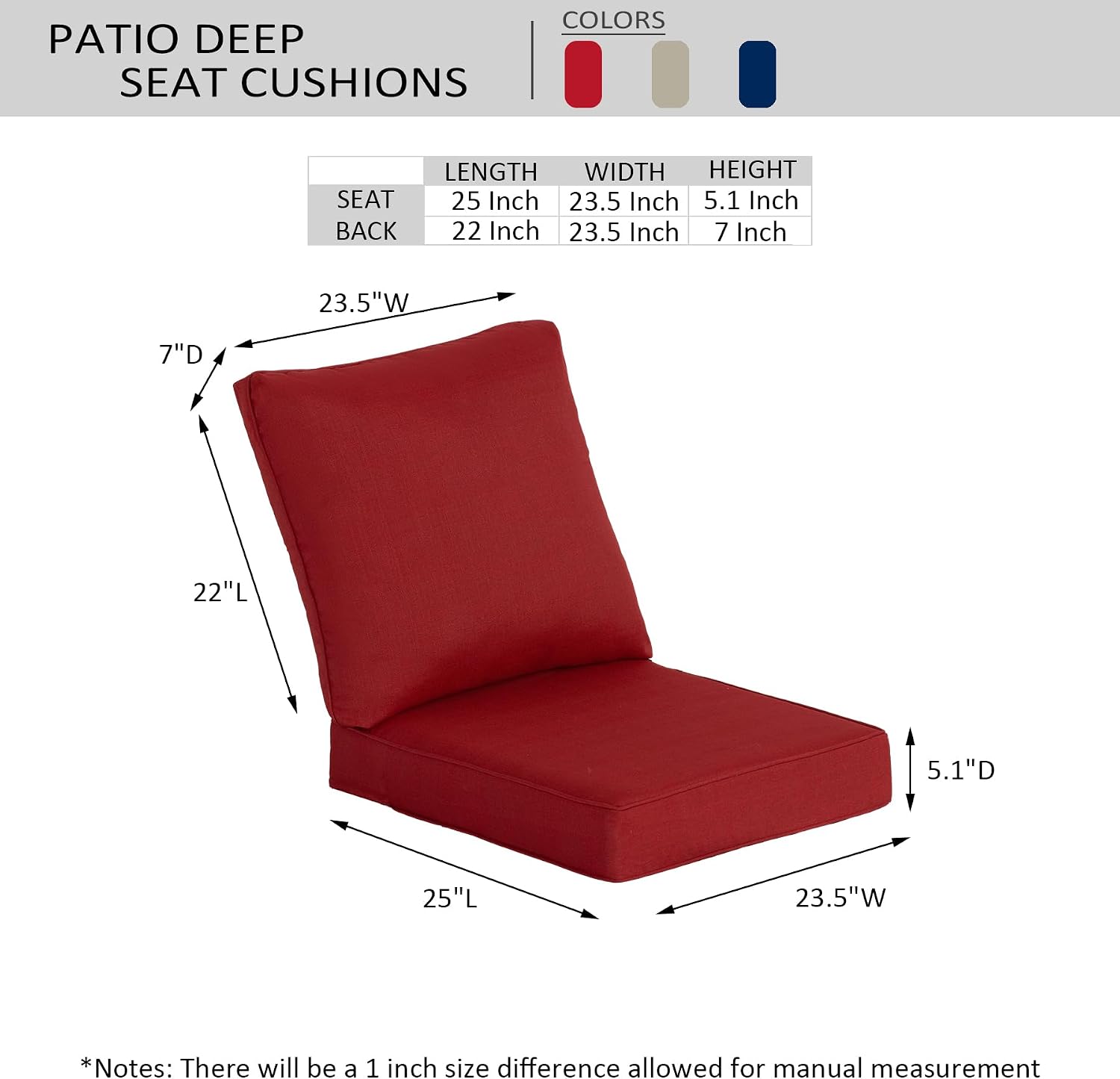 23.5"x25" Outdoor Deep Seat Patio Cushions Set of 2, Deep Seat Bottom Resilient Foam Filling Water-Resistant Stain-Resistant UV Resistant Weather Resistant with YKK Zippers,Chill