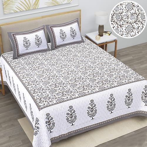 Image of Floral Printed Bedsheet for Double Bed Queen Size with 2 Pillow Covers | 144 TC Soft Cotton Blend Bedsheet | 90x100 Inch | 18x27 Inch Pillow Covers | Grey | Comfortable & Durable
