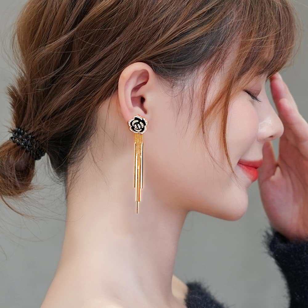 Rhinestone Pendant Black Rose Floral Tassel Earrings - Image 7