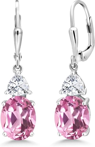 Gem Stone King Leverback Dangle Earrings For Women Gemstone Birthstone and White Moissanite 925 Sterling Silver Oval 10X8MM Trillion 5MM