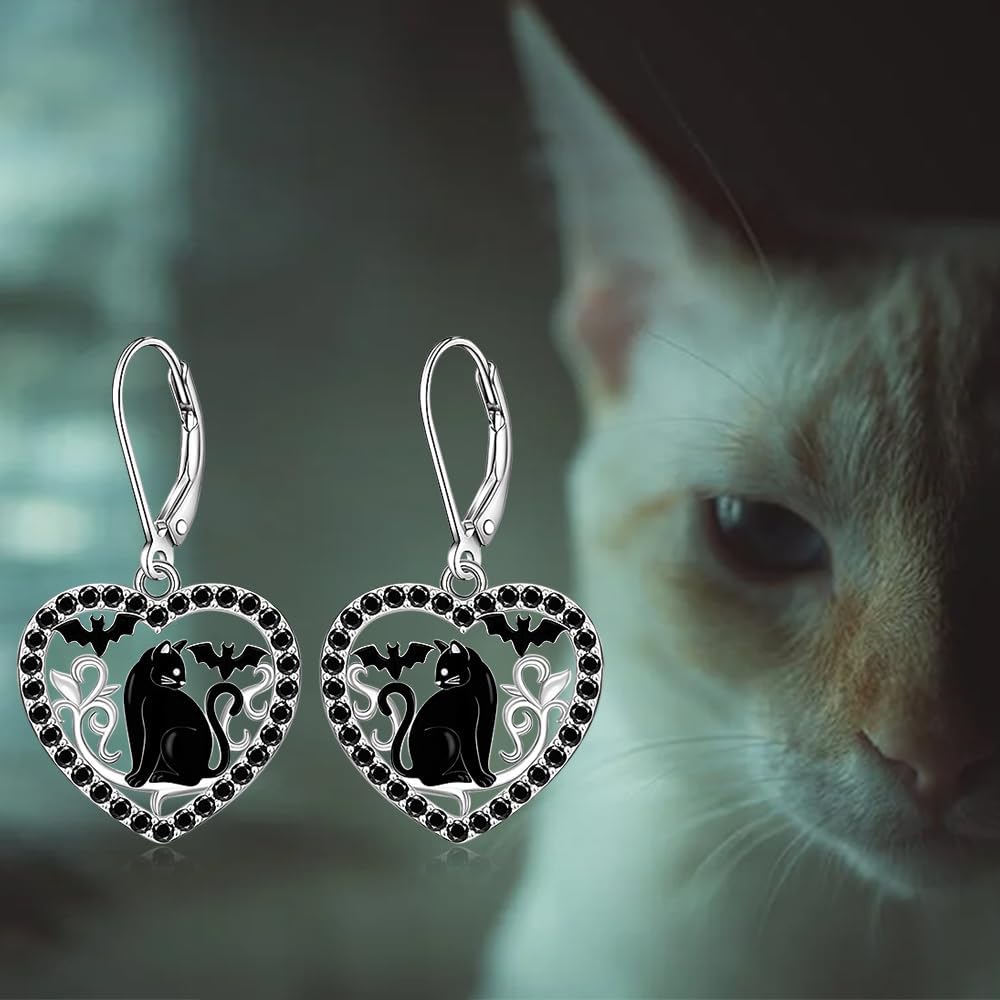 Halloween Cat Earrings for Women Black Cat Earring Dangle Bat Sterling Silver Leverback Halloween Gifts for Women Jewelry Goth Birthday Gifts - Image 9