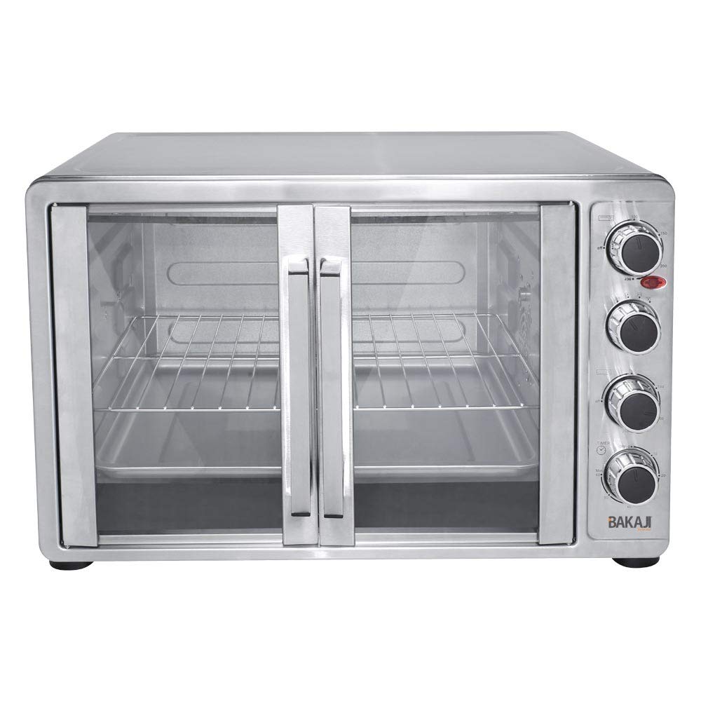 Bakaji Forno Fornetto Elettrico Ventilato 55 Lt Potenza 2200W con Doppia Porta Luce Interna 4 Selezioni di Cottura Temperatura Regolabile Timer Girarrosto e Accessori