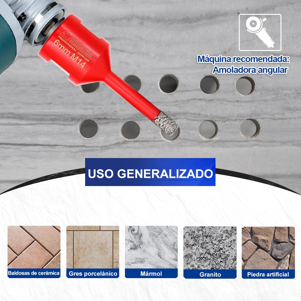 SHDIATOOL Broca de Diamante 2PC 6MM Vacío Soldadura para Perforación en Seco Porcelana Azulejo Granito Mármol M14
