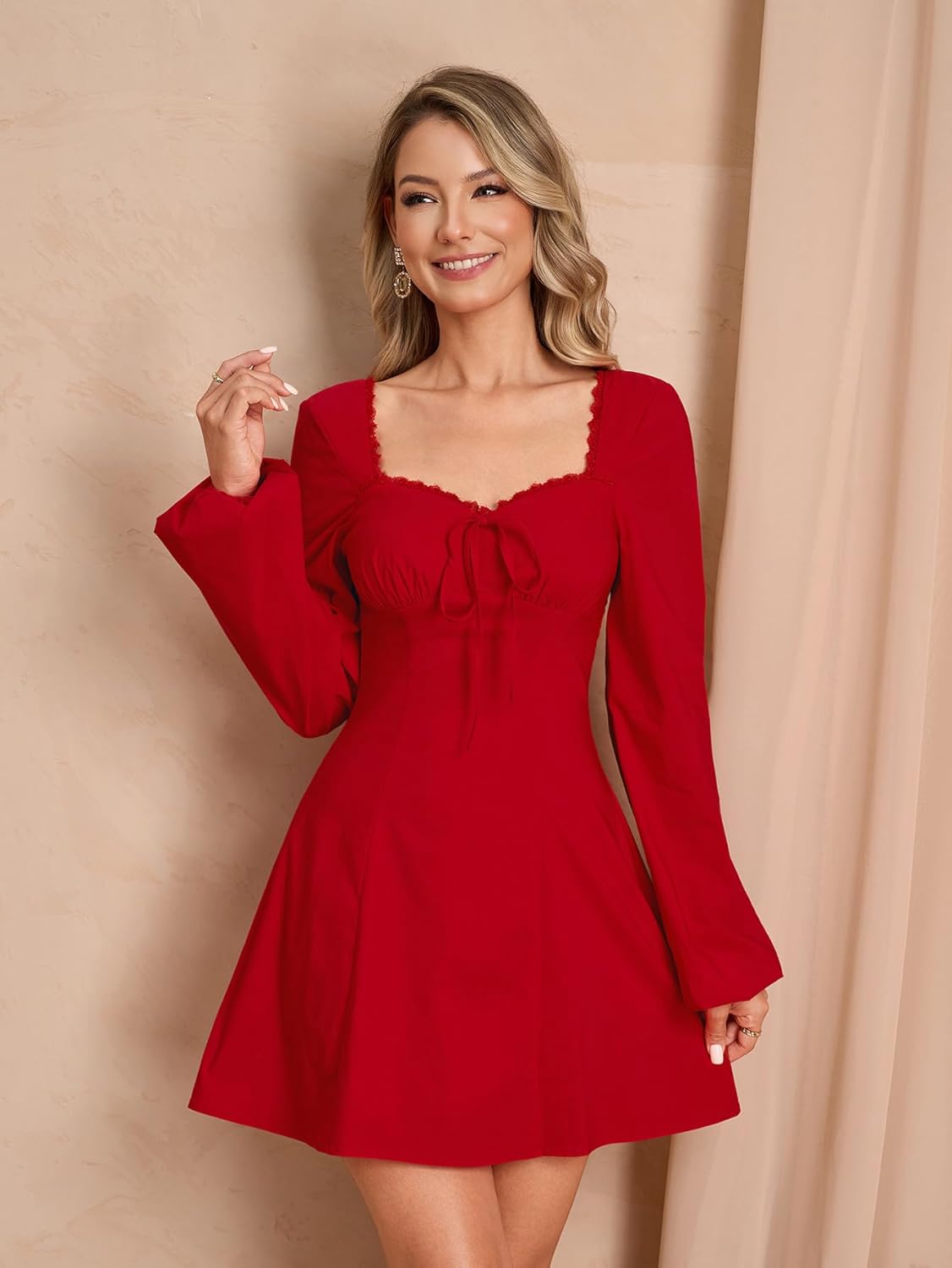 EYNMIN 2025 Fall Long Sleeve Mini Dress Lace Sweetheart Neckline Tie A Line Cute Casual Short Party Dresses for Women - Image 5