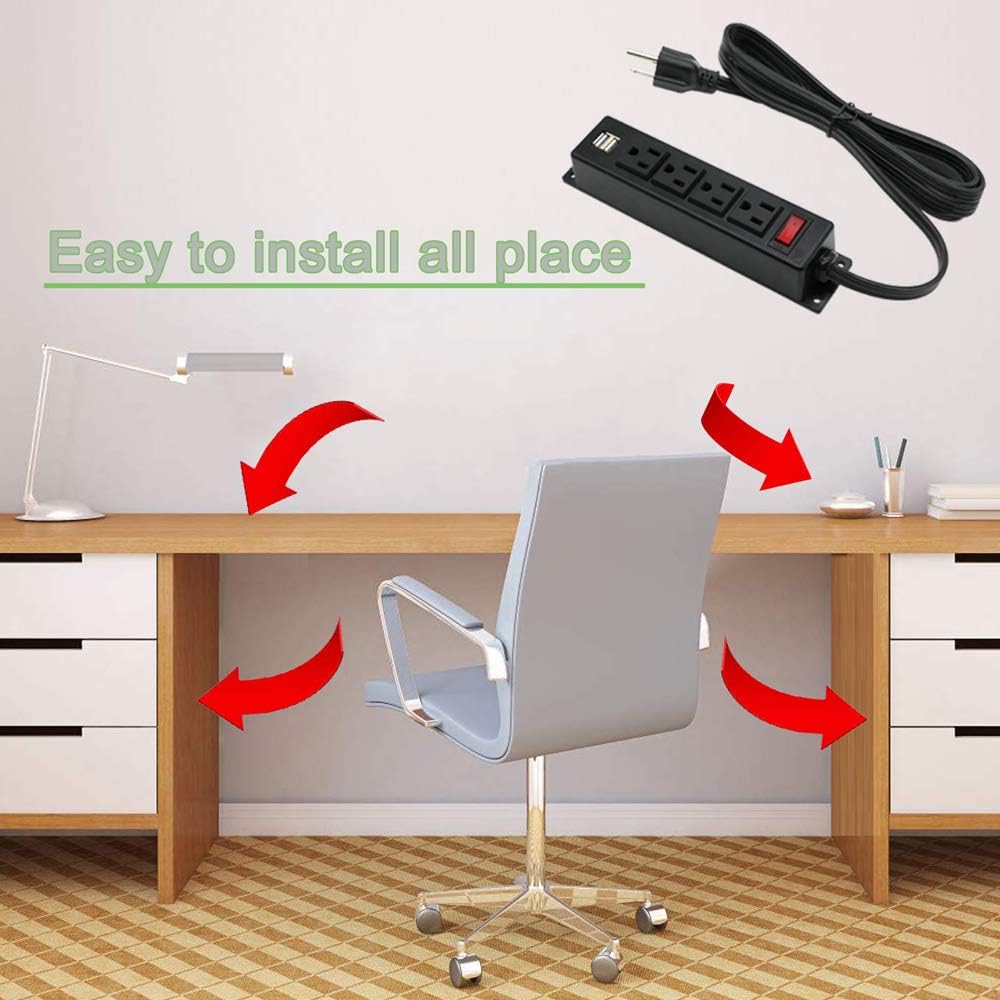 Mountable Power Strip with USB Ports,Wall Mount Power Outlets Screw Down Power Socket in Desk Under Cabinet Power Station 4AC Outlet 2 USB 6.56 Feet Extension Cord, On&Off Switch Black