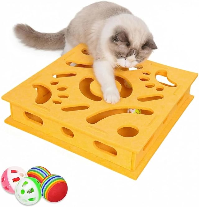 Katze interaktive Puzzle Spielzeug mit Labyrinth und Klingelbällen | Katzenkratzbox, Filz Labyrinth Interaktives Sichtfenster, Krallenwetzen Intelligenzspielzeug für Katzen,Orange