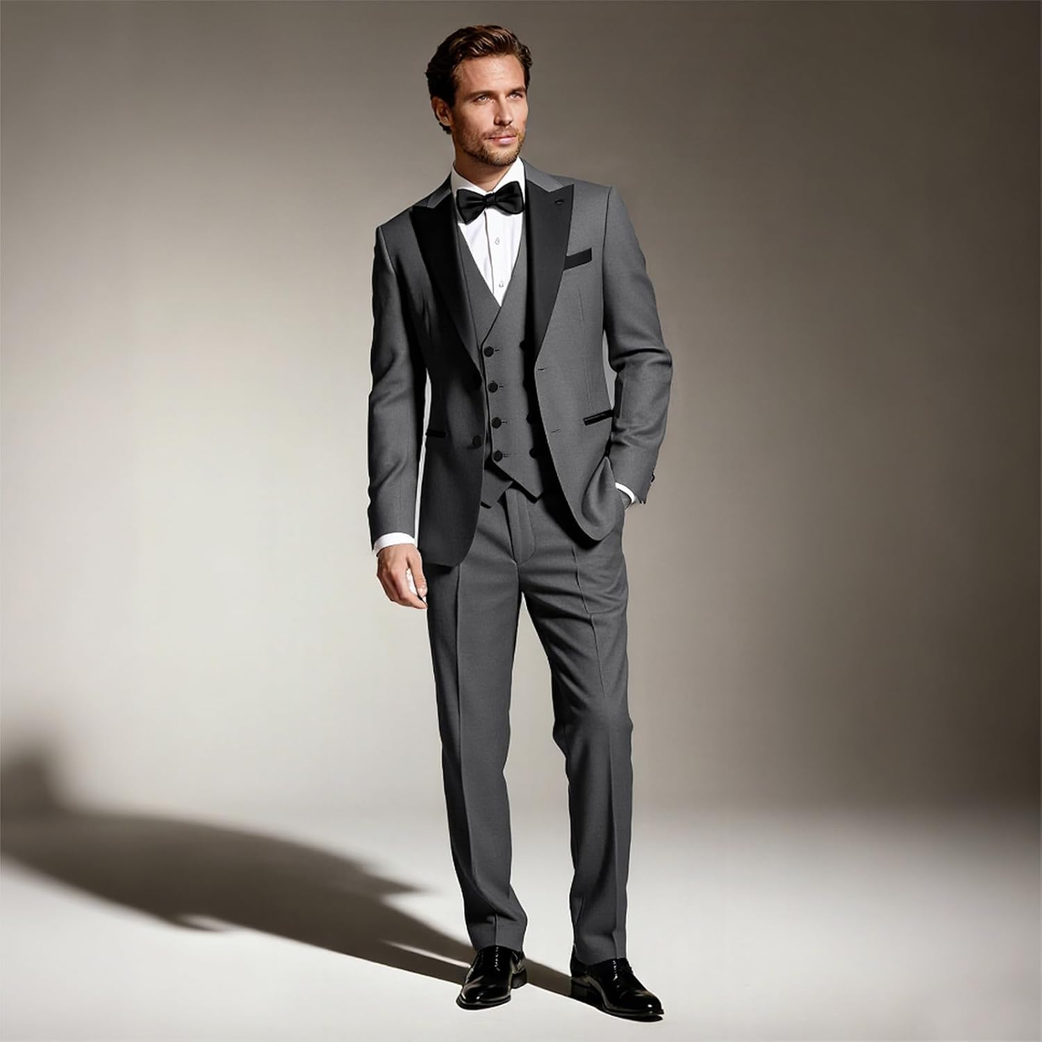 Mens Suit 3 Pieces Peak Lapel Blazer Slim Fit Tuxedo Formal Two Button Jacket Vest Pants for Wedding Prom