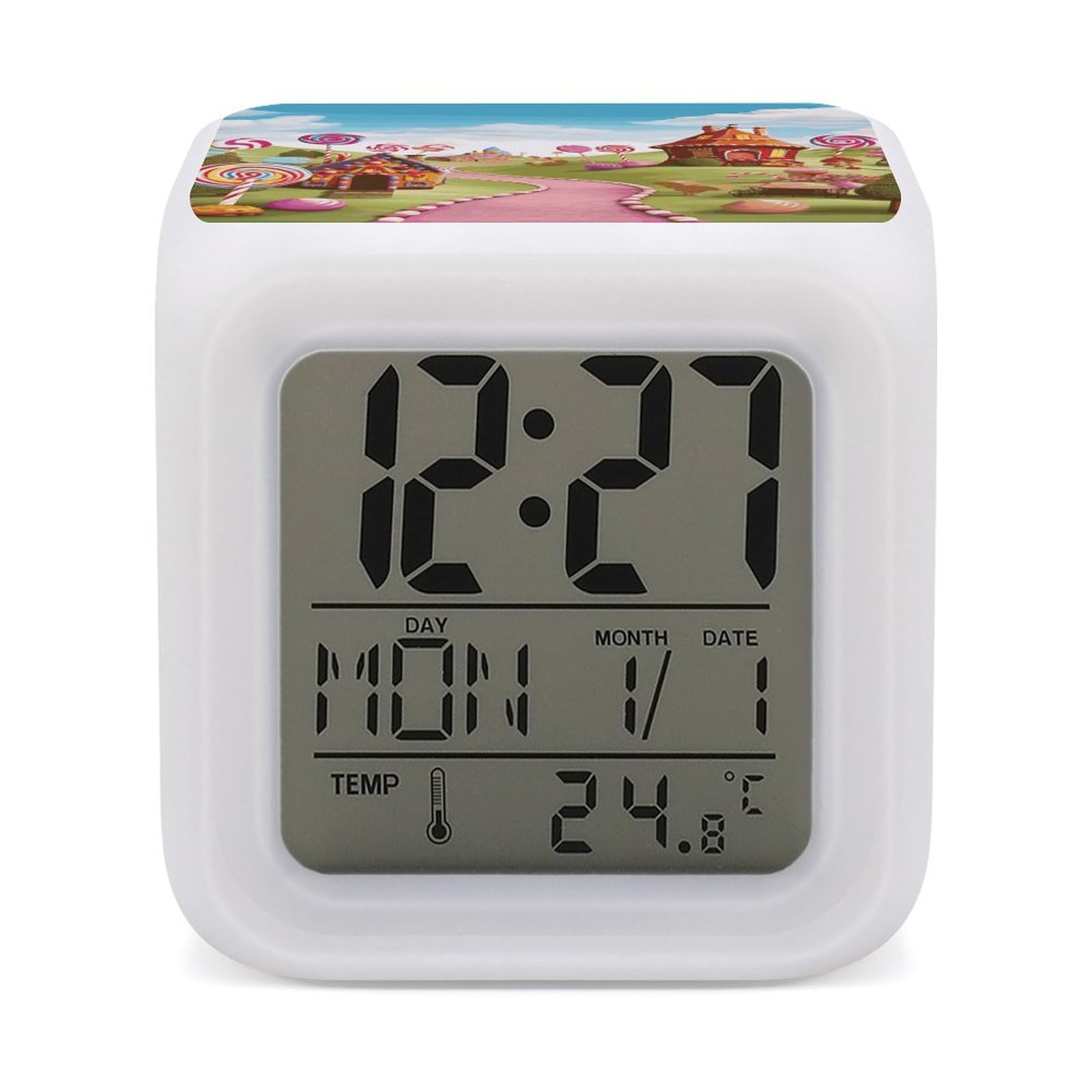 JTREHY 7 Color Changing LED Digital Alarm Clock,Candy Land_76682316 Printed Wake-up Clock with Temperature Display Home Decoration Alarm Clock for Bedroom Office
