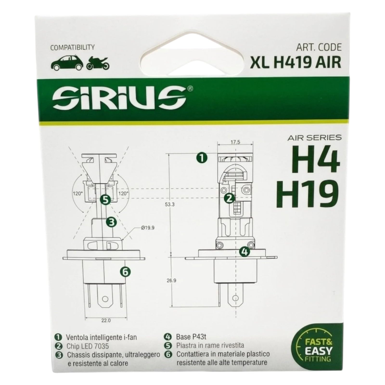 Sirius Kit Lampadine LED H4 H19 XL H419 AIR Air Series - 6500K 12V con Ventola di Raffreddamento Integrata - Compatibili, Non Originale