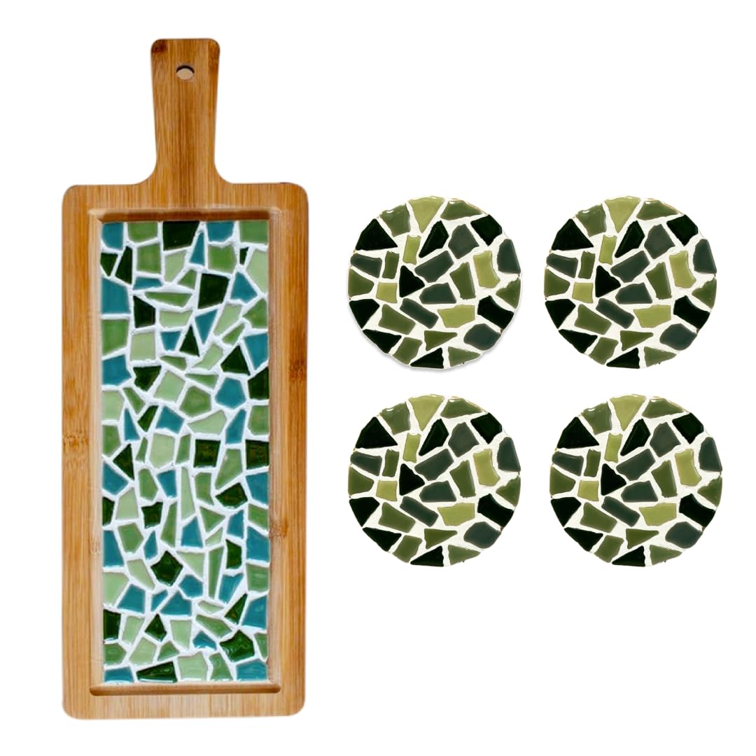 Little Creations - DIY Mosaic Craft Set Adults Green | 1 x Serving Plate & 4 x Coasters | Complete Set of Mosaic Stones and Wood | Design and Craft Yourself
