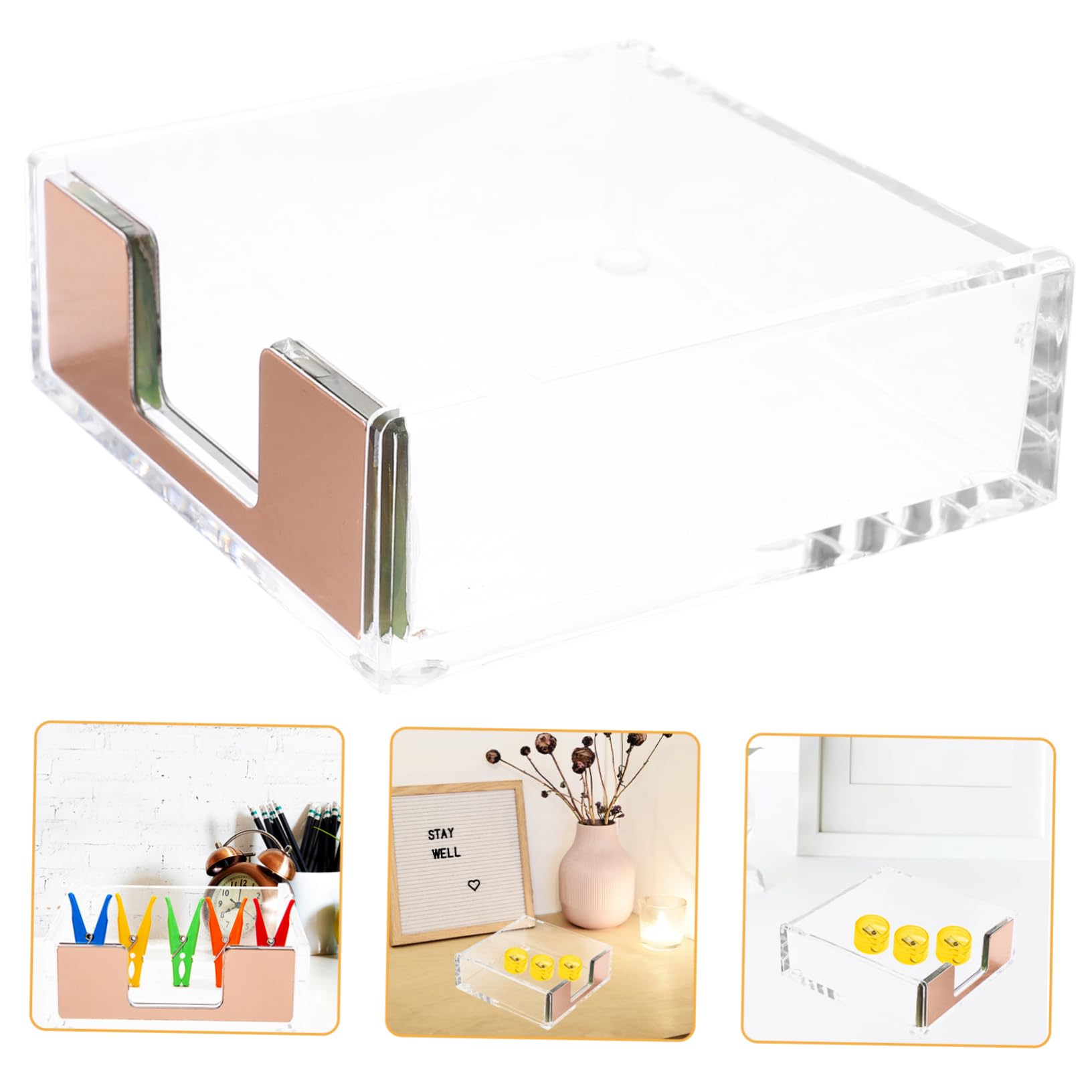 Operitacx 3 Pezzi organiser scrivania organizzatore per scrivania blocco note distributore carta penna chiaro contenitori Titolare del biglietto da visita porta graffette Acrilico Rose Gold