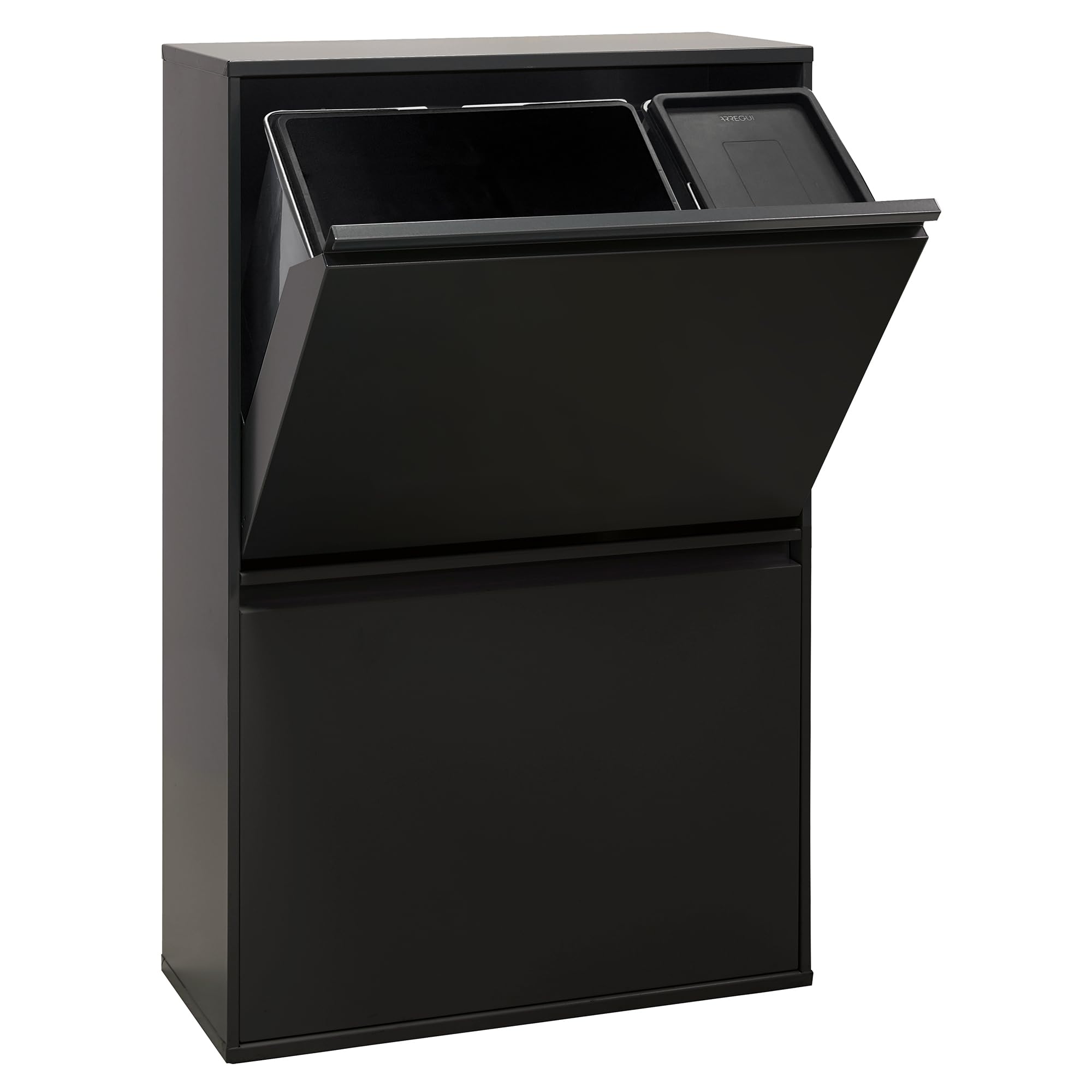 ARREGUI Basic CR606-B2 Mülltrennsystem aus Stahl | 4 Fächer Mülleimer für die Küche | 1 Extra Großer Eimer für Plastik und 1 Kleiner für Biomüll | 23+11+17+17 L (68 L) | 4 Fach Abfalleimer | schwarz