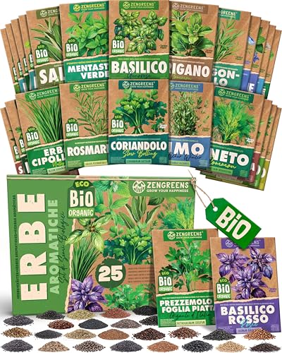 ZenGreens® - Set di Semi di Erbe Aromatiche bio (25 pezzi) - 25 Semi di Erbe Aromatiche per Coltivazione Facile in Giardino, Balcone o Serra - Semi da Piantare - Sementi