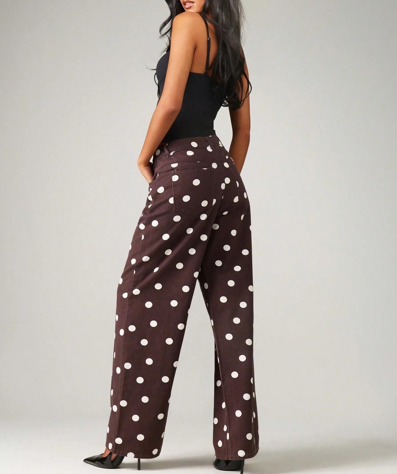 Jeans da Donna a Vita Alta in Denim con Stampa a Pois, Gamba Larga e Taglio Boyfriend Dritto e Ampio (Stile Y2K)