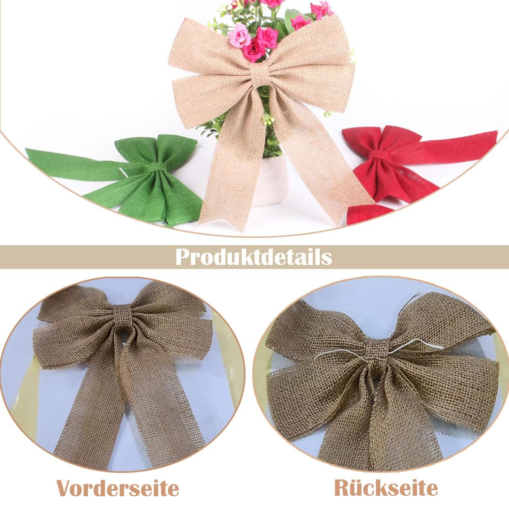 Lazos decorativos de 12 unidades, 21 x 25 cm, lazos de yute, grandes lazos de regalo, lazos de Navidad, lazos decorativos de lino, para casa, fiesta, boda, silla, decoración
