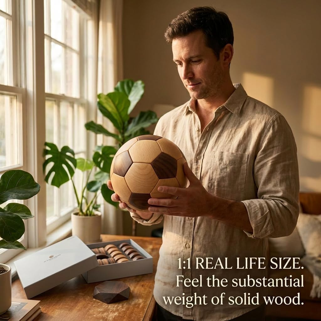 3D Wooden Soccer Ball Puzzle for Adults Mortise and Tenon Building Blocks Brain Teaser Premium Walnut and Beech Wood Desk Decor Unique Sports Fan Gift