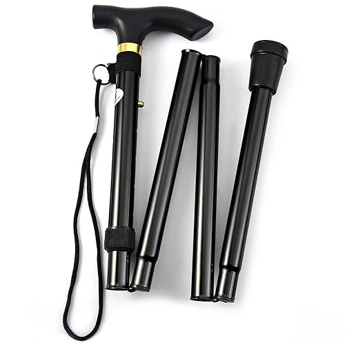 Comfkey Folding Lightweight Walking Stick - Adjustable Aluminum Metal Collapsible Travel Cane with Non-Slip Rubber Base - Black