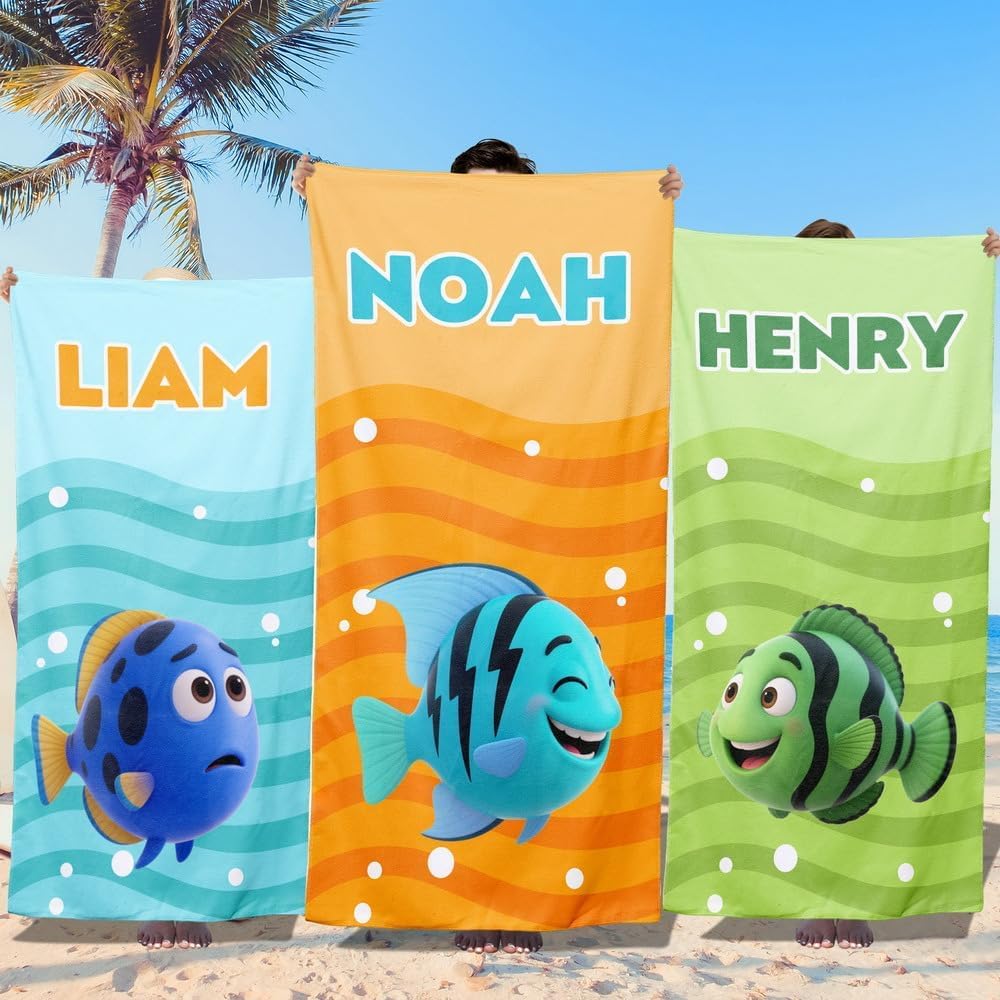 Loosusu Personalised Beach Towels for Kids-Custom Beach Towels with Monogram & Name- Ultra Absorbent Super Soft Swimming Towel for Kids,Customised Bath/Pool/Beach Towel for Boys Girls(Cartoon Fish)