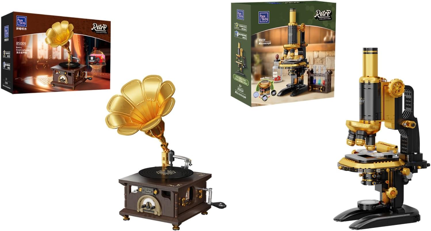 Vintage Gramophone & Antique Microscope Building Set, Retro Music Player & Scientific Laboratory Model Kits with Mechanical Functions, Brass Finish & Display Accessories