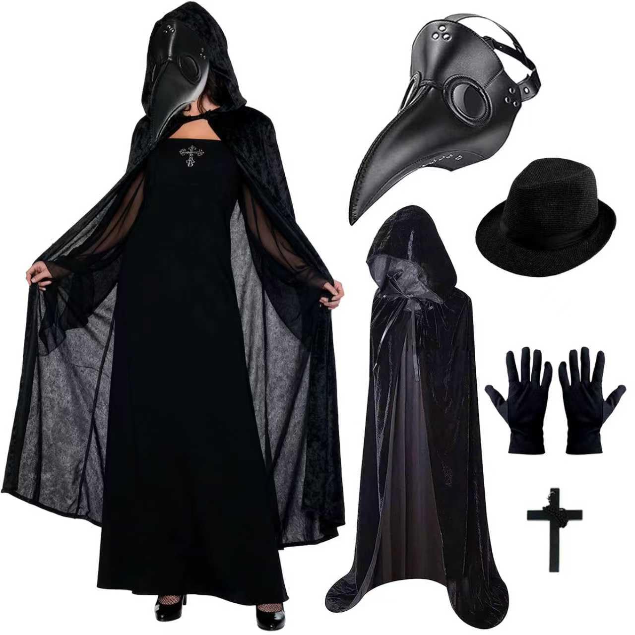 Traje de médico de plagas, máscara de médico de peste, nariz larga, máscara con disfraz de Halloween, disfraz, sombrero, guantes, cruz, collar, escéptico, disfraz de Halloween, disfraz para adultos