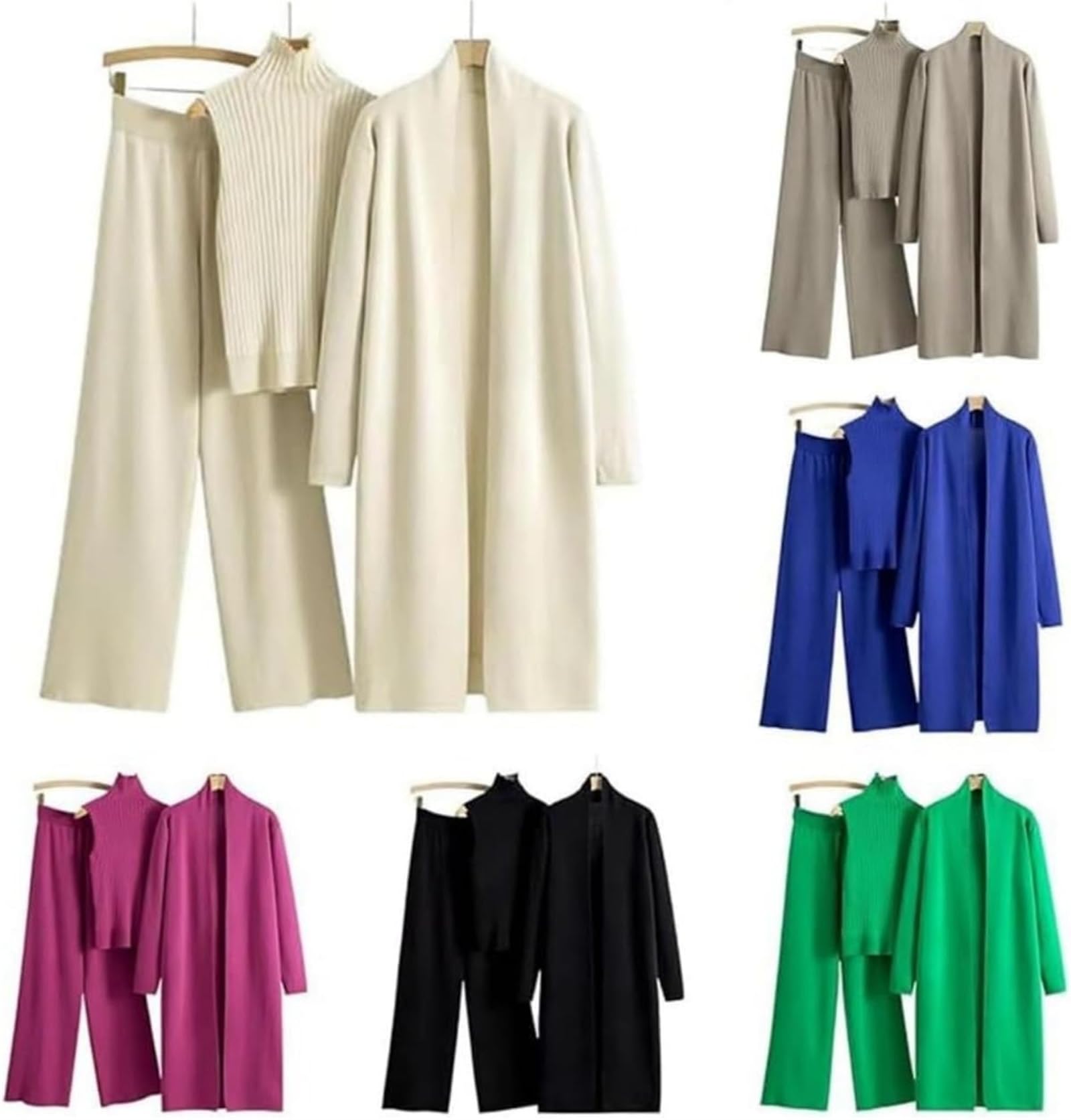 Generisch Set lounge da donna 3 pezzi maglia manica lunga cardigan e pantaloni a gamba larga, canotta senza maniche a collo alto