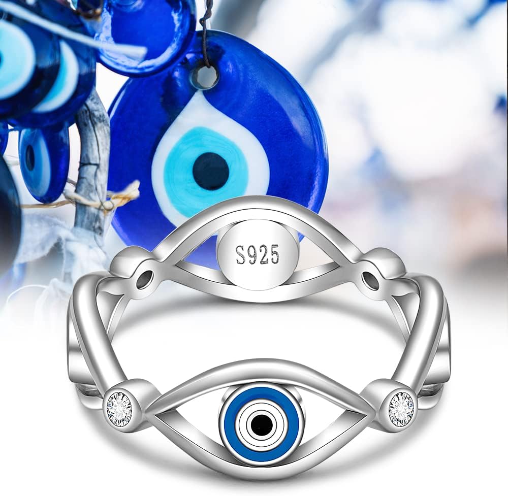Evil Eye Ring for Women Sterling Silver Blue Spiritual Turkish Evil Eye Rings Greek Mal De Ojo Nazar Amulet faith Religious Jewelry Gift Size 7 8 9