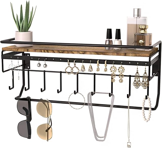 JackCubeDesign Hanging Jewelry Organizer with 9 Hooks, Wall Mount Necklace Earring Bracelet Sunglass Holder with Wood Shelf (Torched Wood,16.9 x 5.9 x 7.1 inches) - MK237C