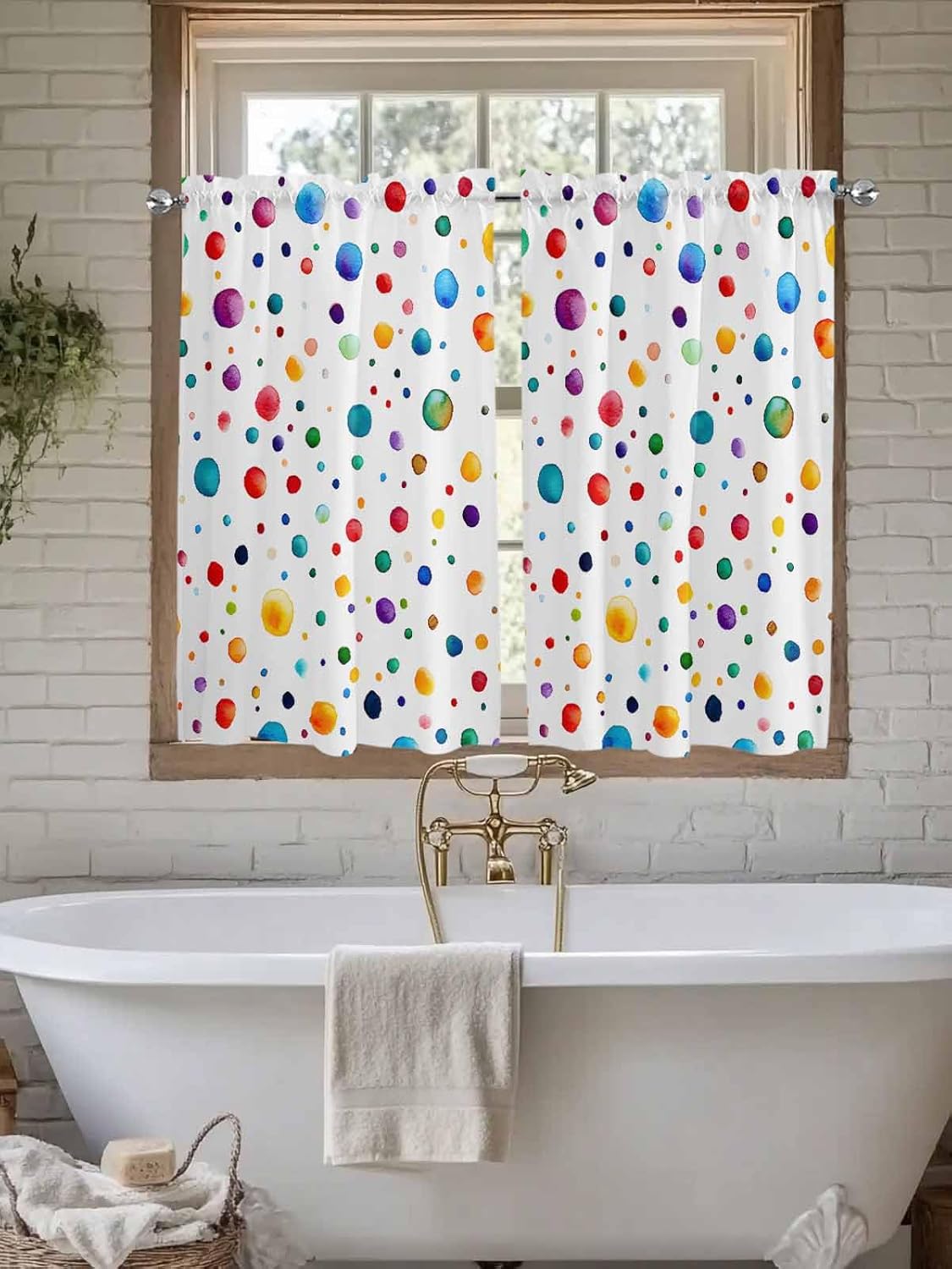 Colorful Polka Dot Window Short Curtains 54 Inch Length, Watercolor Color Point Rod Pocket Window Treatment Kitchen Drapes for Bedroom, Cafe, Living Room, 2 Panels, 52 W x 54 L