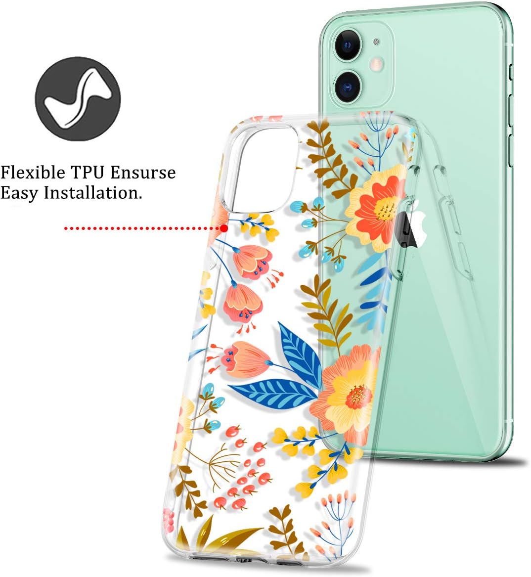 Hekodonk for iPhone 11 Case,Clear Design TPU Bumper Protective Silicone Shockproof Yellow-Resistant Anti-Scratch Cover for Apple iPhone 11 Floral