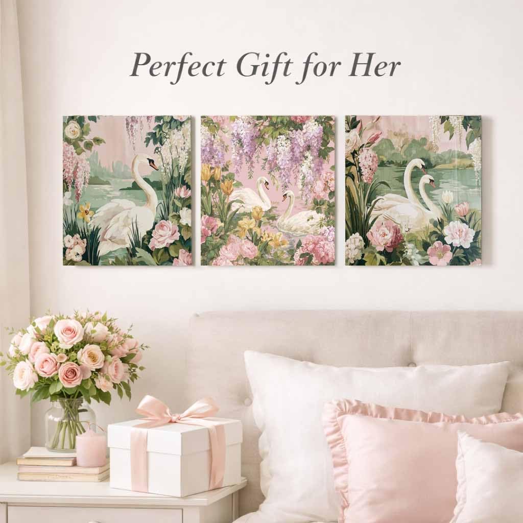 Artiluxy 3 Piece Swan Canvas Wall Art 12x12 Inch Each, Pink Floral Lake Wall Decor Set, Romantic Cottagecore Botanical Prints for Bedroom Living Room, Ready to Hang (Swan Pink)