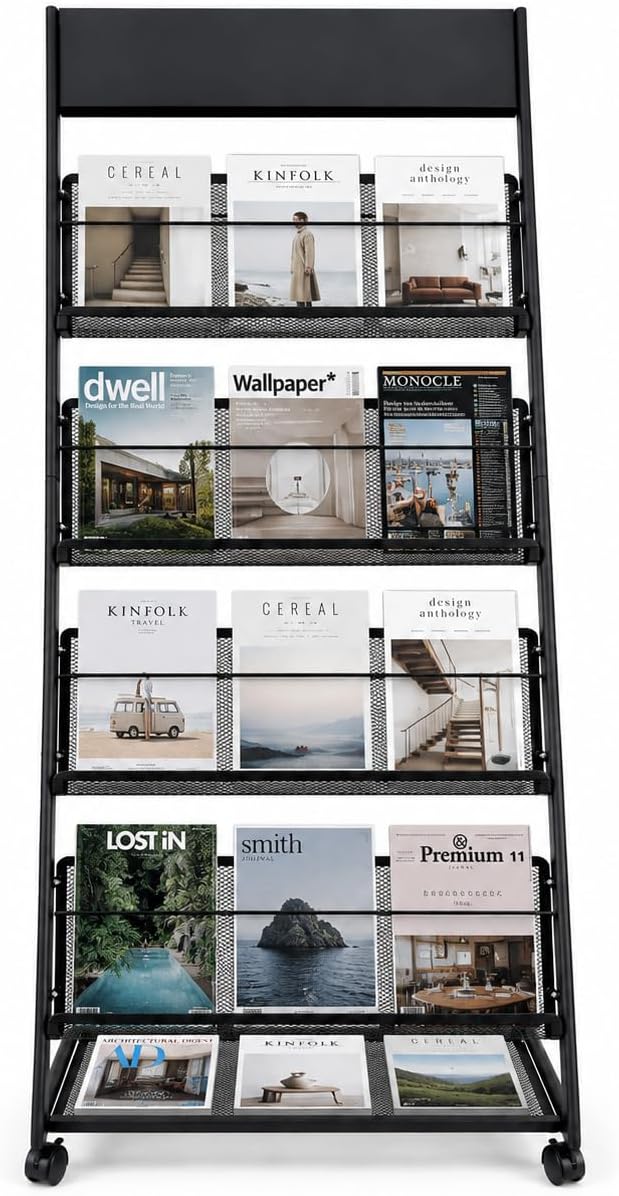 4-Tier Metal Floor Magazine Rack with Wheels, Movable Brochure Holder