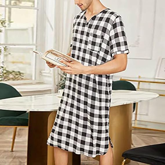 Men's Short Sleeve Nightshirt Loose Pajama Sleep Shirt Soft Comfy Nightgown V Neck Night Sleepwear Bathrobes