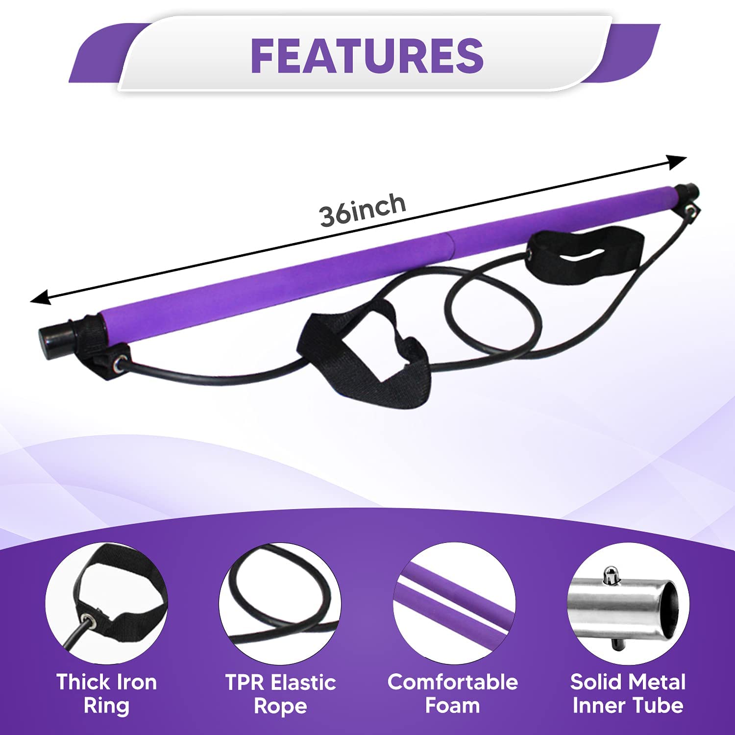Linarotic Portable Pilates Studio Portable Lightweight 2 Section Bar with Resistance Bands Adjustable Pilates Flexbands Kit Home Gym Yoga Pilates Purple Home Equipment 1