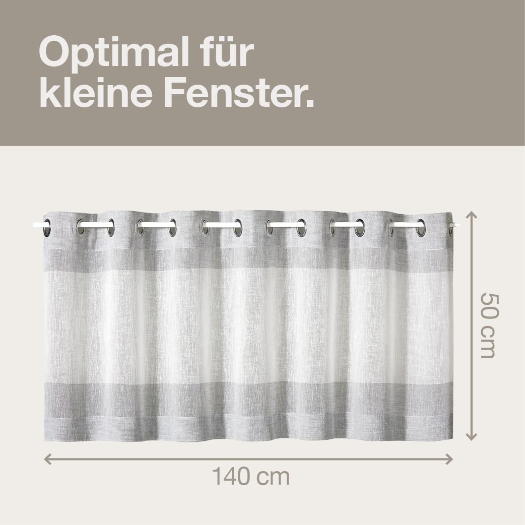 Happy Home 2er-Set Scheibengardine mit Ösen 140x50 cm – Halbtransparenter Vorhang Leinenoptik Grau Weiß – Moderne Bistrogardine für Küche & Bad – Küchengardine Kurz & Waschbar