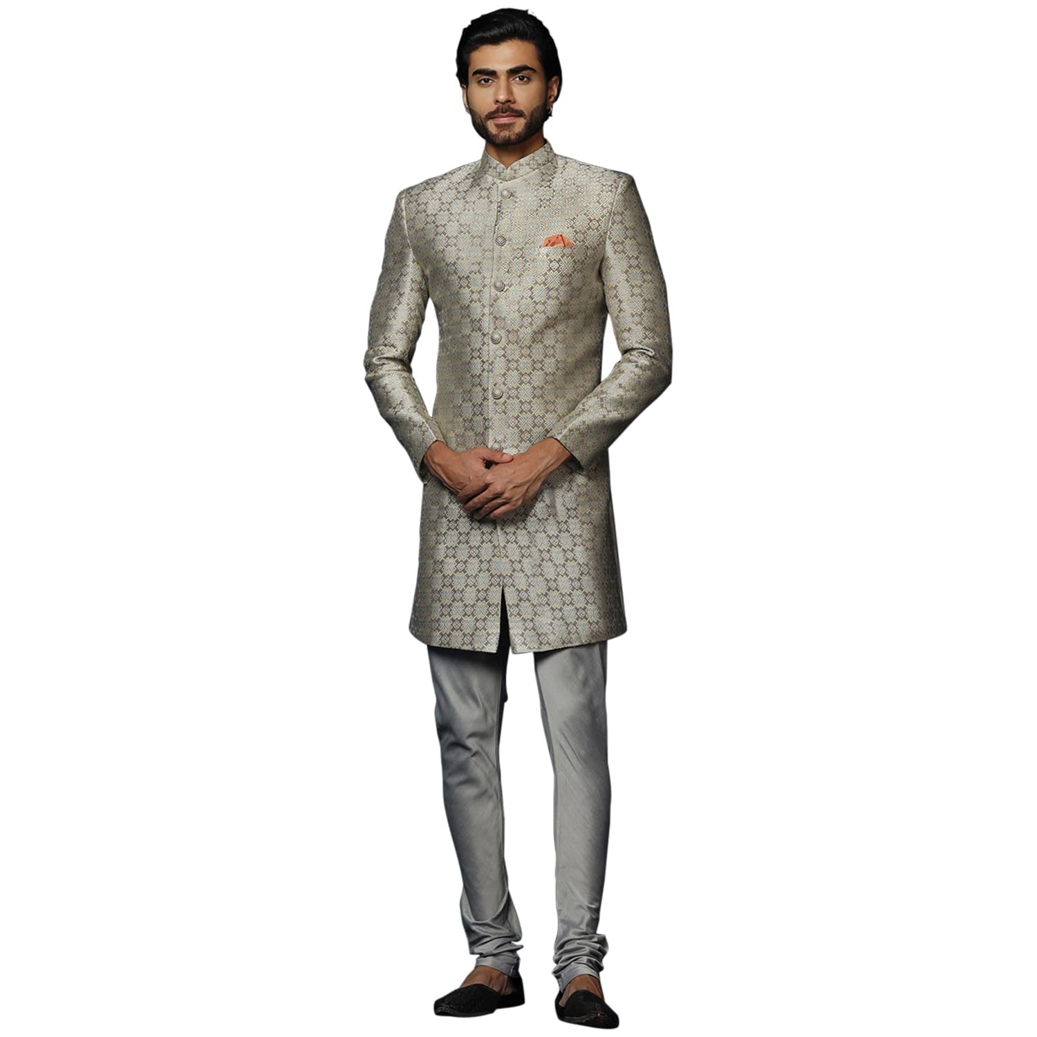 Kisah Men's Grey Sherwani Churidar Set Indo-Western, Cotton Full Sleaves, Knee Length, Straight, Regular Fit, Mandarin Collar Ethnic Wear, 36