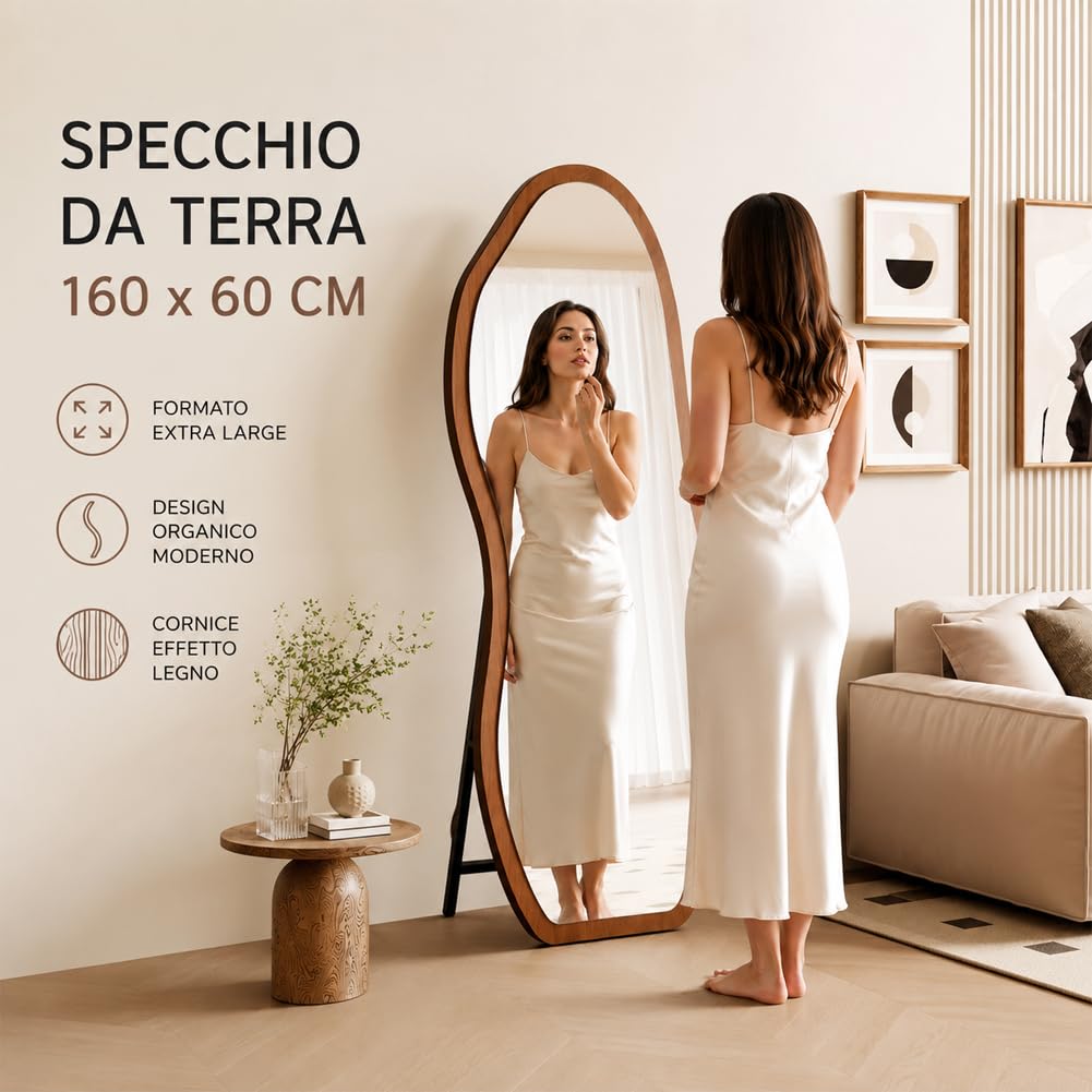 Shally Dogan Specchio ad Onda Rovere Figura Intera Indipendente Autoportante con Struttura in Legno da Pavimento Terra, Design Moderno, Decorazione da Interni per Camera da Letto, Ingresso 160 x 60 cm