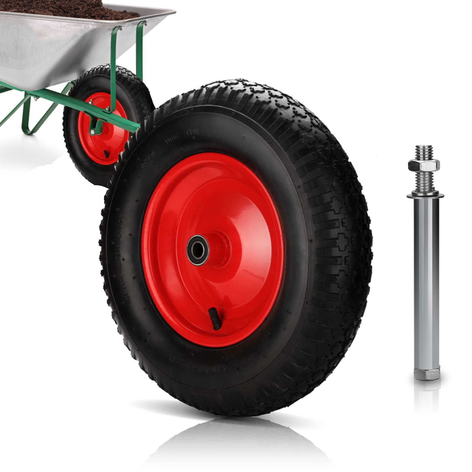 Randaco Schubkarrenrad luftbereift mit Achse, Ø 390 mm, 4.80 4.00-8 120 kg Traglast, PU Gummirad Luftreifen Stahlfelge Reifen für Gartenkarren