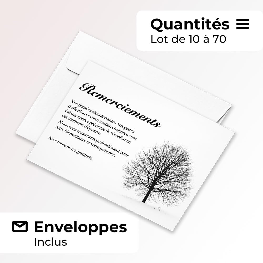 UTTSCHEID Lot de 50 Cartes Remerciement Deuil A6 (10,5 x 14,8 cm) avec Enveloppes Arbre d’hiver