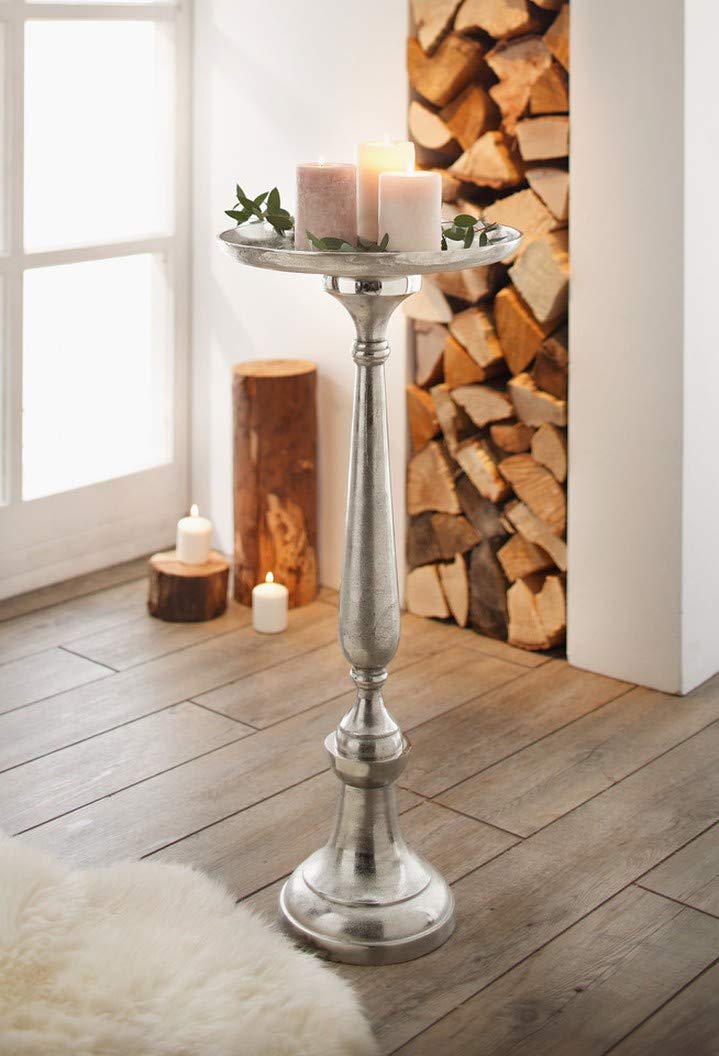 Dekoleidenschaft Dekosäule Silber aus Metall, 78cm hoch, Antik Look, XXL Kerzenständer, Blumenständer, Metallsäule, Blumensäule, Beistelltisch, Windlichtsäule, Podest, Sockel