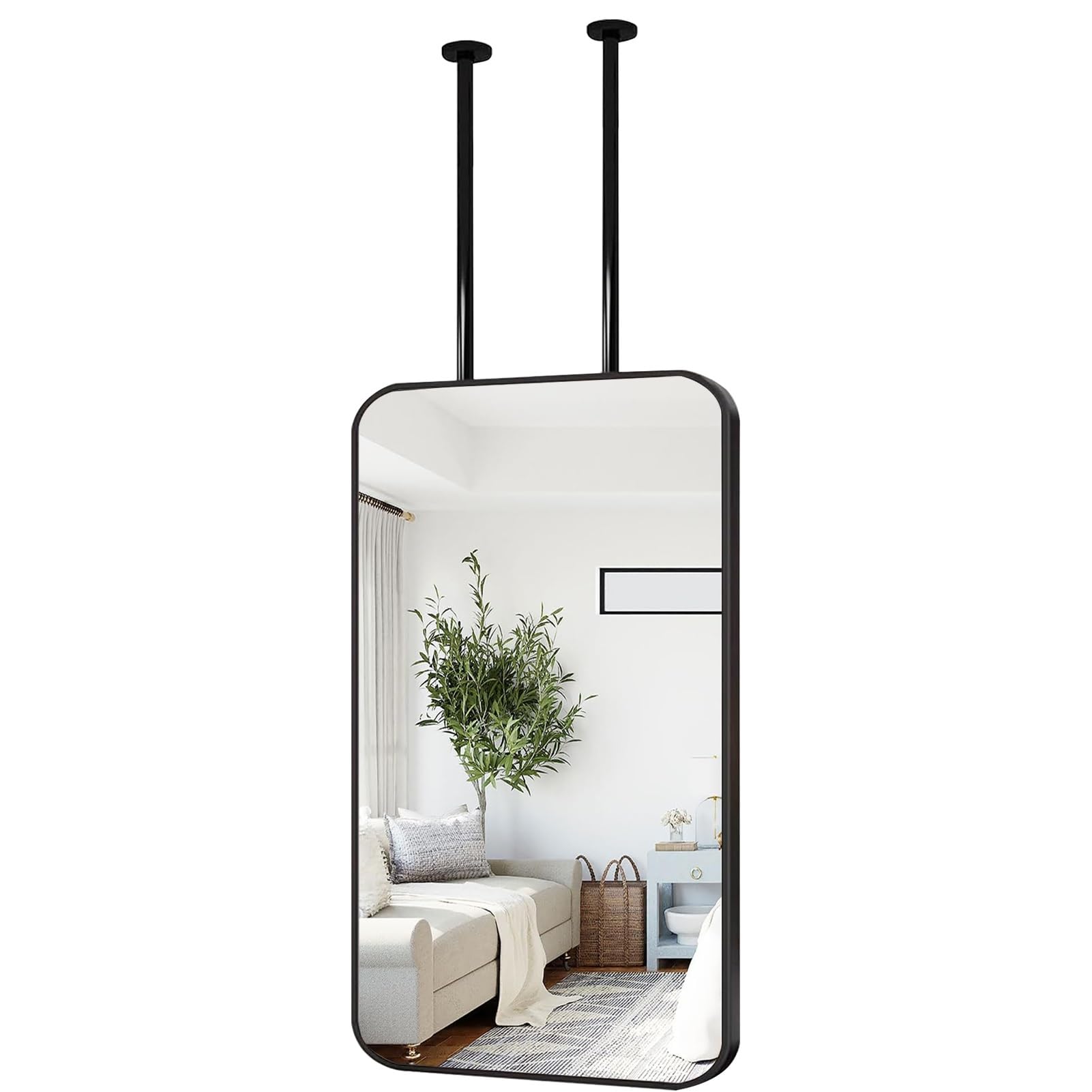 WJFTODAY Black Ceiling Hanging Mirror with Metal Frame, 40x60cm Floating Decorative Wall Mirror for Bathroom Vanity, Shaving and Makeup - Stylish Home Décor